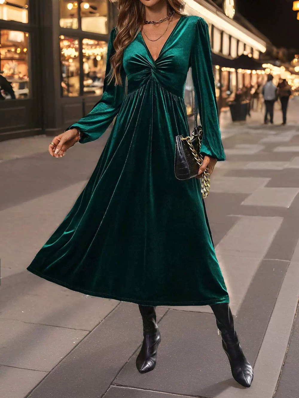 ZARA Dark Green Elegant Korean Velvet Midi Dress Slim Fit Spring Summer